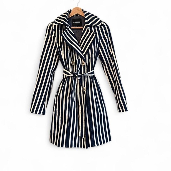 Express Navy Blue and White Striped Trench Coat Belted Size XS - Picture 1 of 6